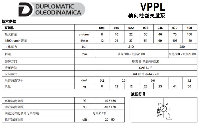 迪普馬VPPL柱塞泵規(guī)格
